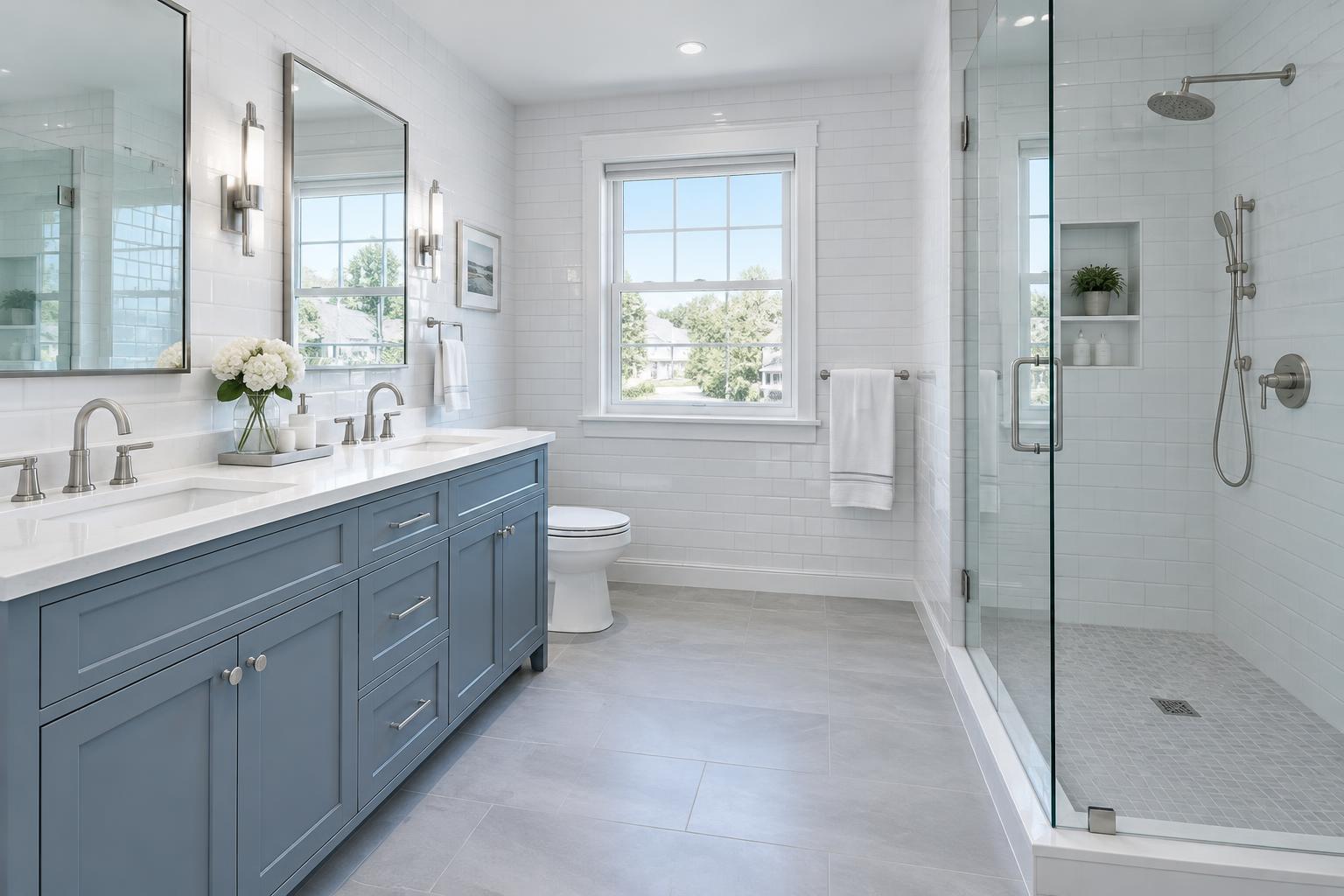 Illustrative bright white tiled bathroom with glass shower and blue vanity
